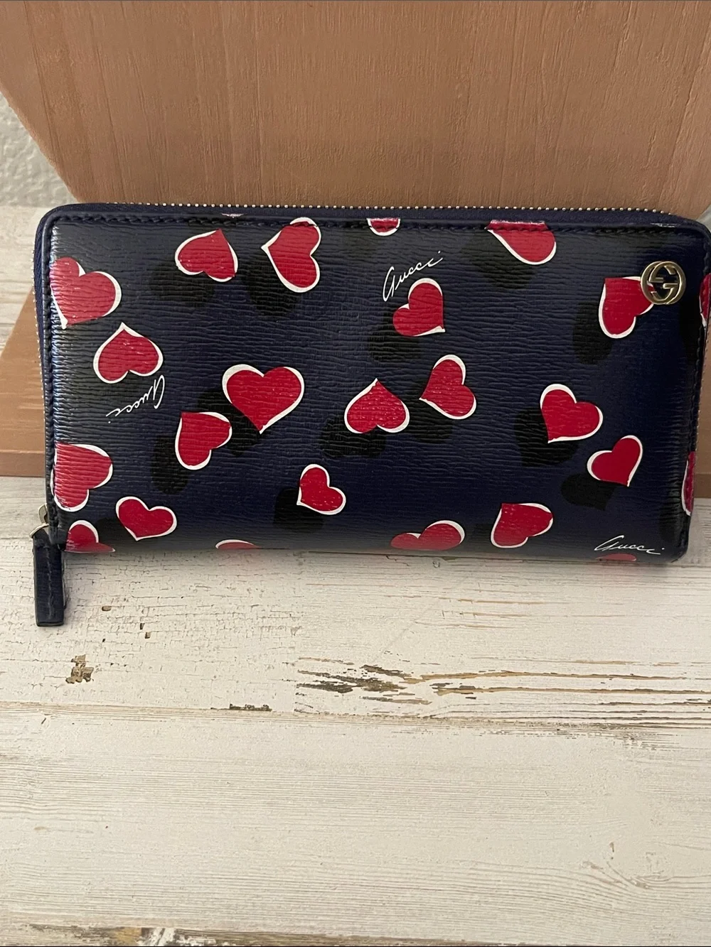 Gucci Betty Heart Print Zip Around Continental Wallet Navy Leather